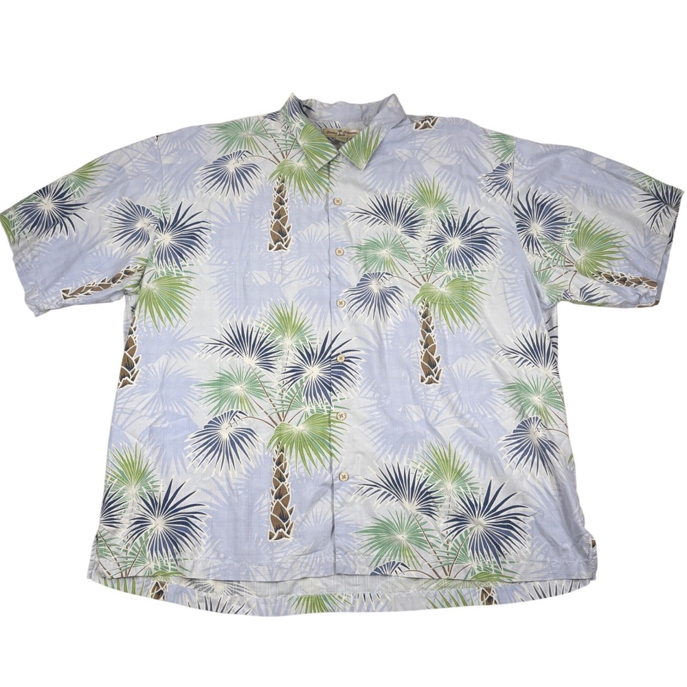 Tommy Bahama 100% Silk Shirt Men's XXL Blue Palm Tree Tropical Beachy
